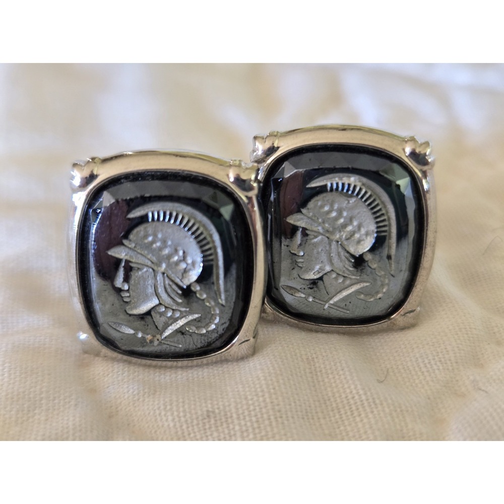 Vintage Carved Hematite Roman Soldier Silbertone Cuff Links Unbranded